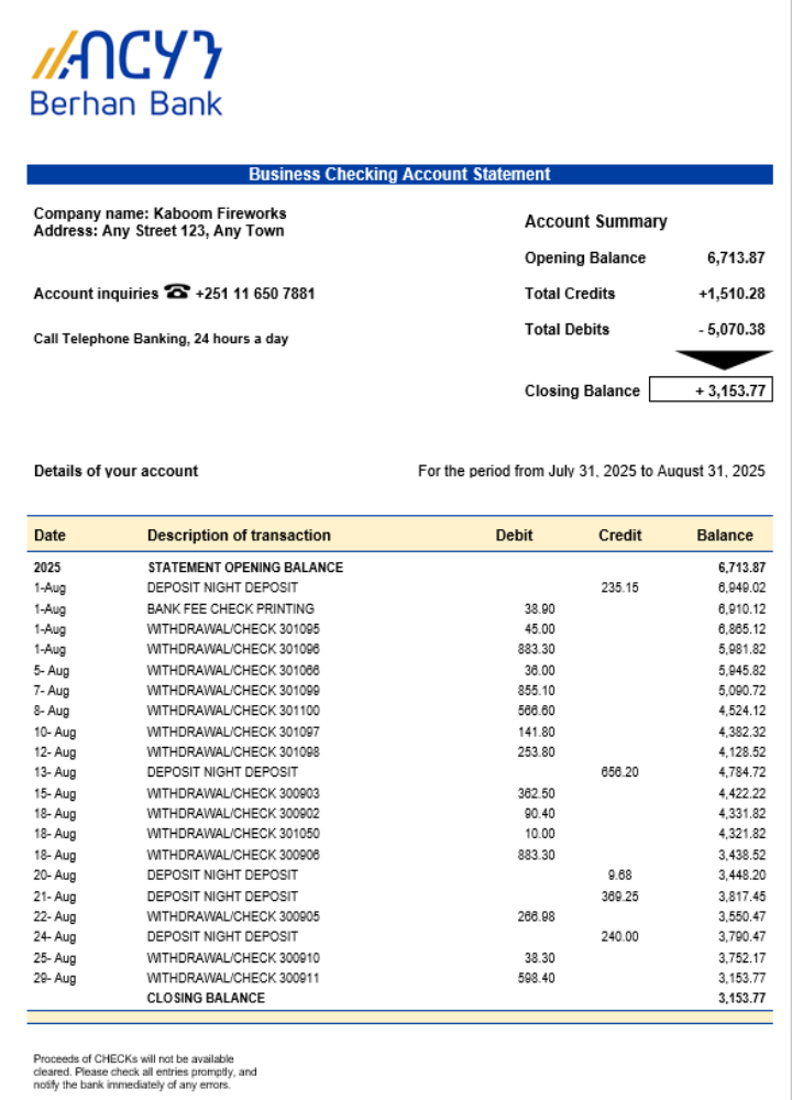 Relevé de compte de l'entreprise bancaire Berhan au format Word et PDF